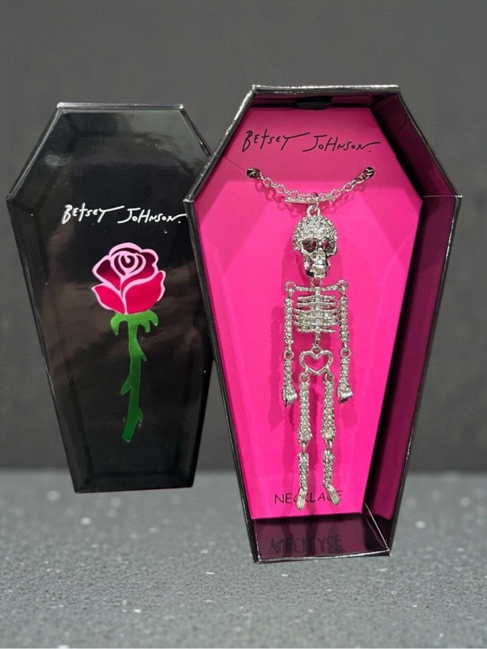 Betsey Johnson Skeleton Pendant Blingy Crystal NEW in Coffin Package 2025